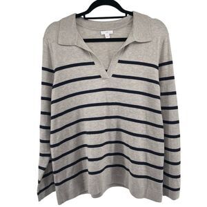 J.Jill Women’s Grey Navy Striped Collared V-Neck Sweater Medium